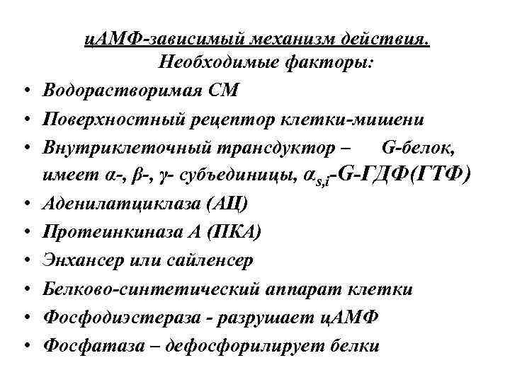  • • • ц. АМФ-зависимый механизм действия. Необходимые факторы: Водорастворимая СМ Поверхностный рецептор