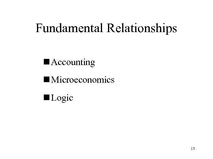 Fundamental Relationships n Accounting n Microeconomics n Logic 15 