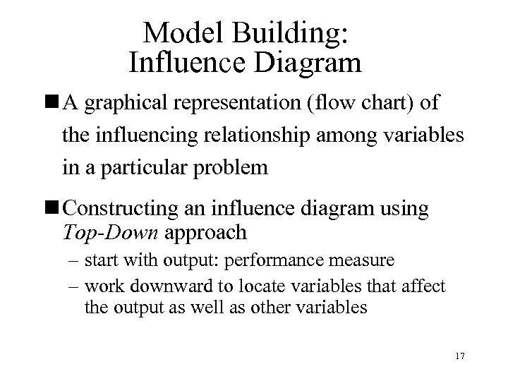 Model Building: Influence Diagram n A graphical representation (flow chart) of the influencing relationship