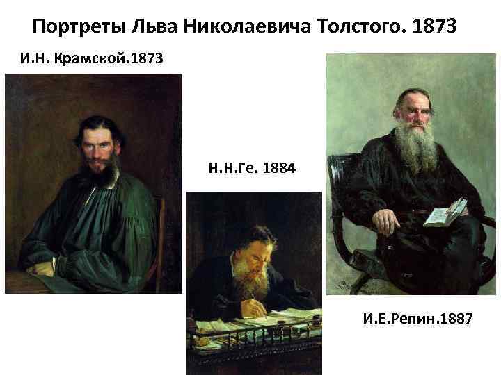 Портреты Льва Николаевича Толстого. 1873 И. Н. Крамской. 1873 Н. Н. Ге. 1884 И.