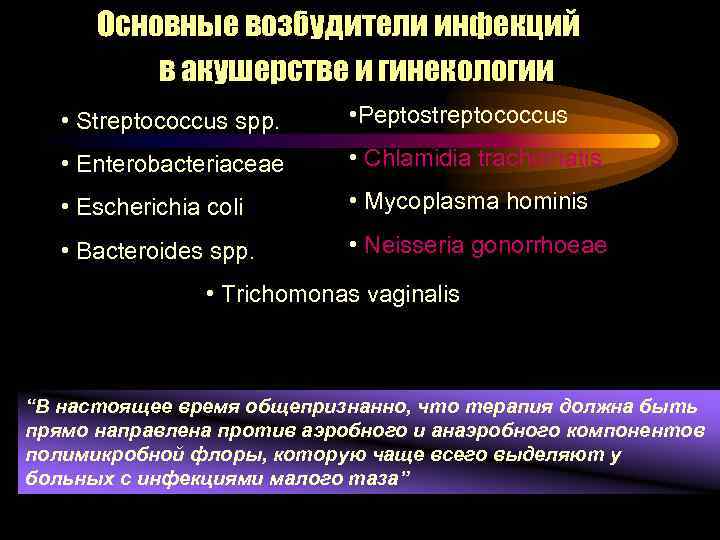 Основные возбудители инфекций в акушерстве и гинекологии • Streptococcus spp. • Peptostreptococcus • Enterobacteriaceae