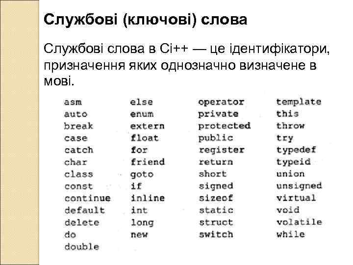 Службові (ключові) слова Службові слова в Сі++ — це ідентифікатори, призначення яких однозначно визначене