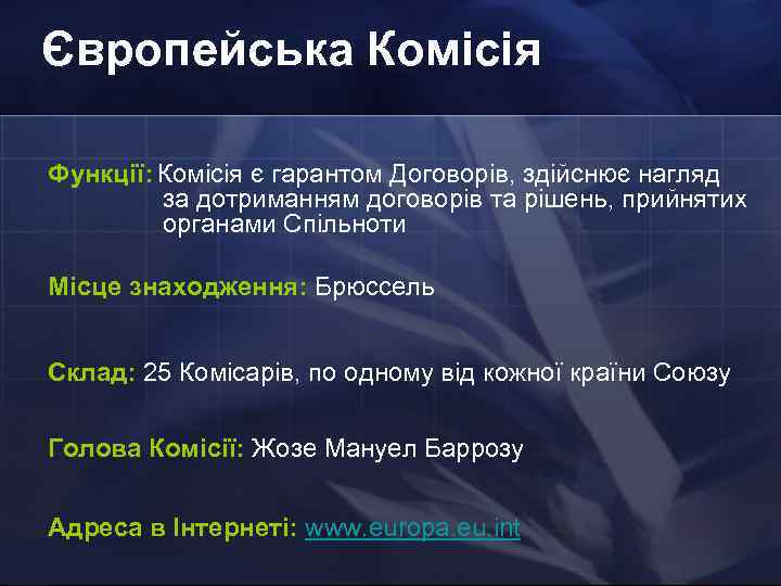 Європейська Комісія Функції: Комісія є гарантом Договорів, здійснює нагляд за дотриманням договорів та рішень,