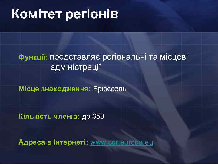 Комітет регіонів Функції: представляє регіональні та місцеві адміністрації Місце знаходження: Брюссель Кількість членів: до