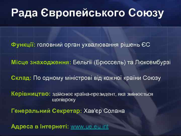 Рада Європейського Союзу Функції: головний орган ухвалювання рішень ЄС Місце знаходження: Бельгії (Брюссель) та