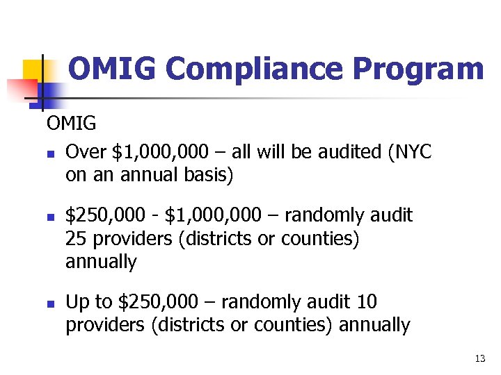 OMIG Compliance Program OMIG n Over $1, 000 – all will be audited (NYC