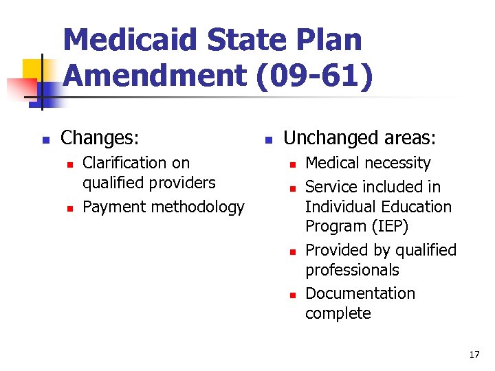 Medicaid State Plan Amendment (09 -61) n Changes: n n Clarification on qualified providers