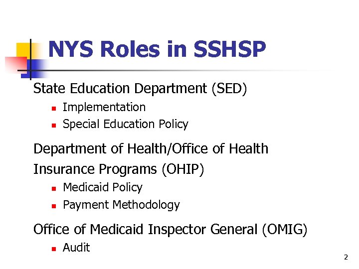 NYS Roles in SSHSP State Education Department (SED) n n Implementation Special Education Policy