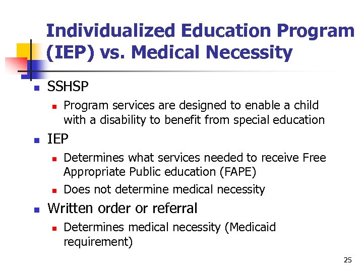 Individualized Education Program (IEP) vs. Medical Necessity n SSHSP n n IEP n n