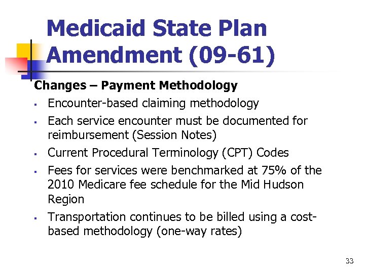 Medicaid State Plan Amendment (09 -61) Changes – Payment Methodology § Encounter-based claiming methodology