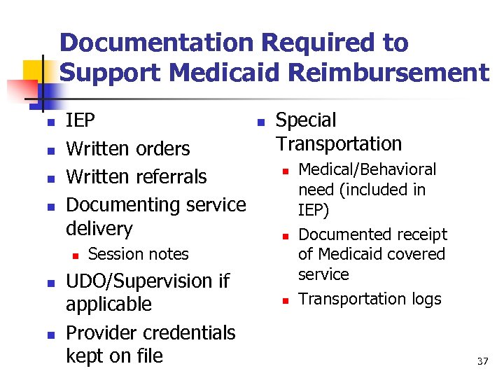 Documentation Required to Support Medicaid Reimbursement n n IEP Written orders Written referrals Documenting