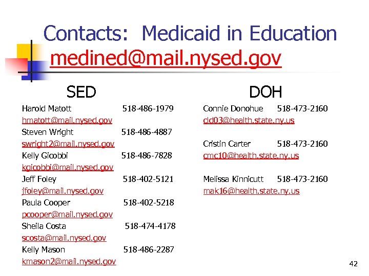 Contacts: Medicaid in Education medined@mail. nysed. gov SED Harold Matott hmatott@mail. nysed. gov Steven