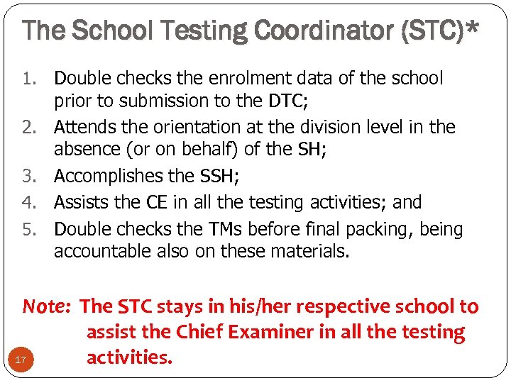 The School Testing Coordinator (STC)* 1. Double checks the enrolment data of the school
