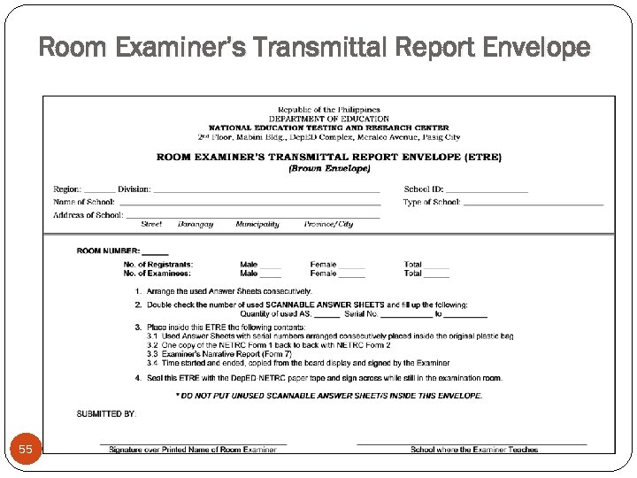 Room Examiner’s Transmittal Report Envelope 55 