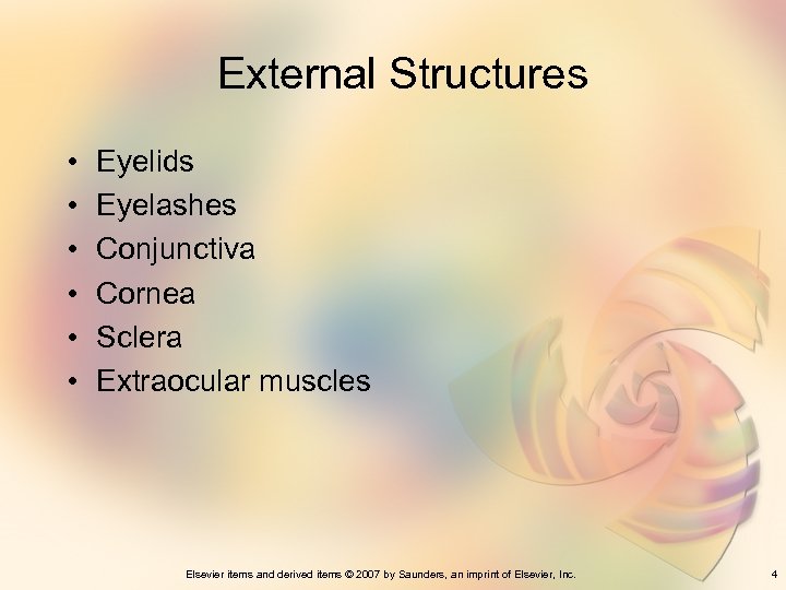 External Structures • • • Eyelids Eyelashes Conjunctiva Cornea Sclera Extraocular muscles Elsevier items