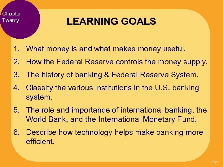 Chapter Twenty LEARNING GOALS 1. What money is and what makes money useful. 2.