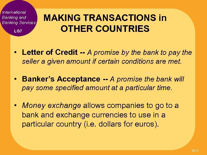 International Banking and Banking Services LG 7 MAKING TRANSACTIONS in OTHER COUNTRIES • Letter