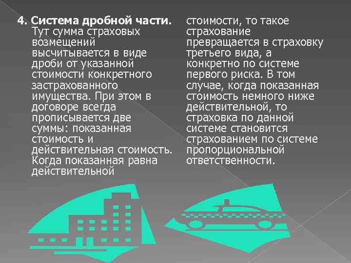 4. Система дробной части. Тут сумма страховых возмещений высчитывается в виде дроби от указанной