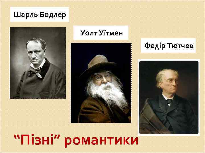 Шарль Бодлер Уолт Уїтмен Федір Тютчев “Пізні” романтики 