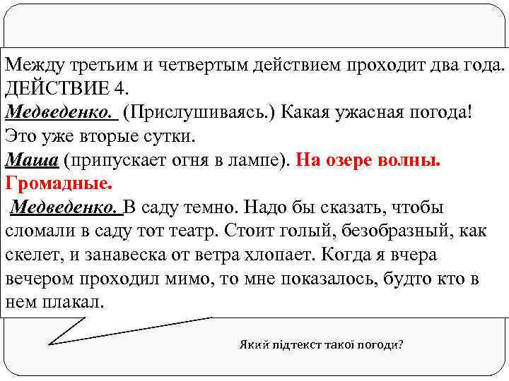 Между третьим и четвертым действием проходит два года. ДЕЙСТВИЕ 4. Медведенко. (Прислушиваясь. ) Какая