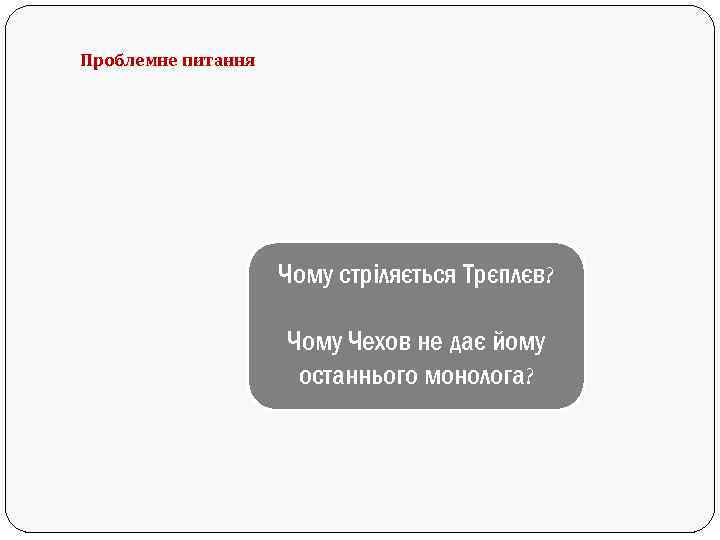 Проблемне питання Чому стріляється Трєплєв? Чому Чехов не дає йому останнього монолога? 