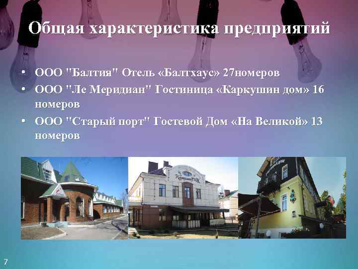 Общая характеристика предприятий • ООО "Балтия" Отель «Балтхаус» 27 номеров • ООО "Ле Меридиан"