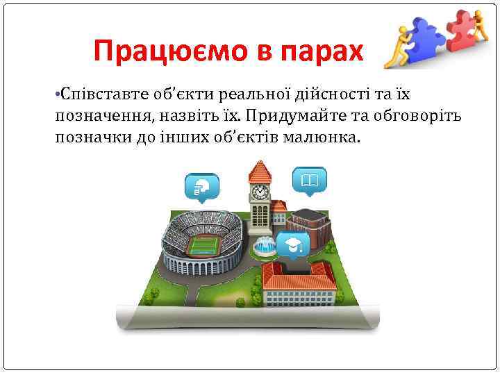 Працюємо в парах • Співставте об’єкти реальної дійсності та їх позначення, назвіть їх. Придумайте