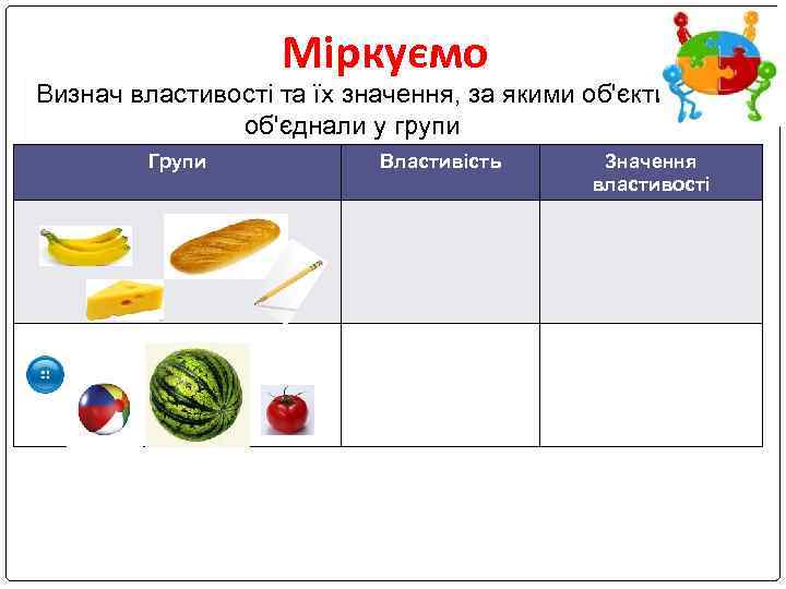 Міркуємо Визнач властивості та їх значення, за якими об'єкти об'єднали у групи Групи Властивість