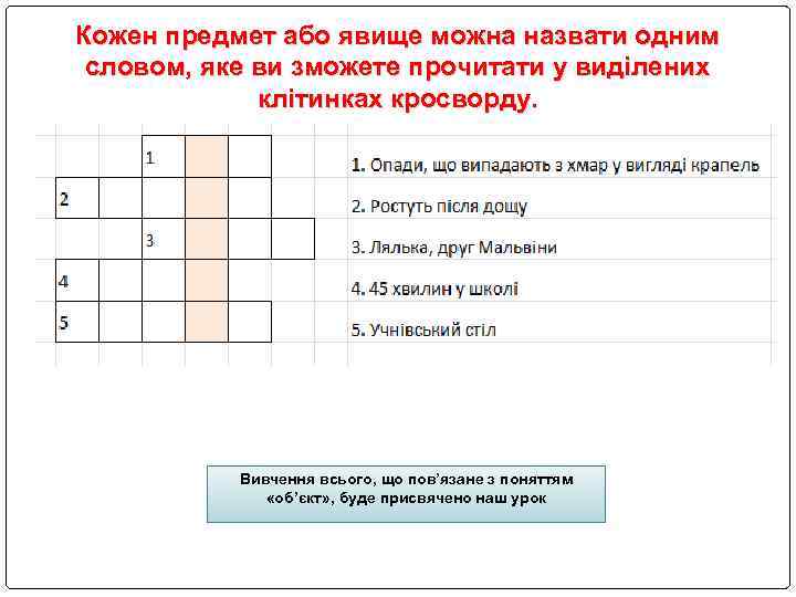 Кожен предмет або явище можна назвати одним словом, яке ви зможете прочитати у виділених