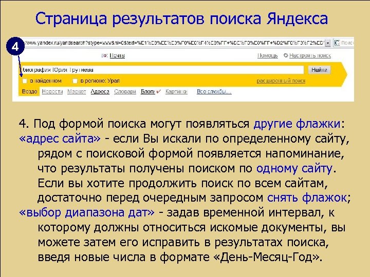 Страница результатов поиска Яндекса 4 4. Под формой поиска могут появляться другие флажки: «адрес
