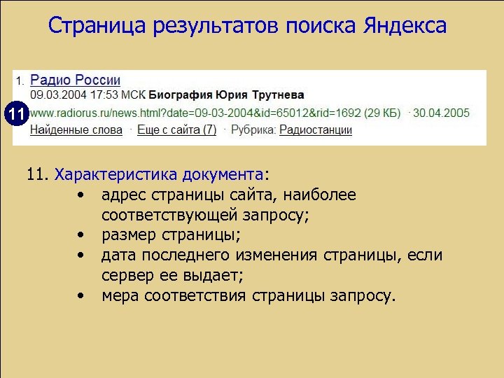 Страница результатов поиска Яндекса 11 11. Характеристика документа: • адрес страницы сайта, наиболее соответствующей