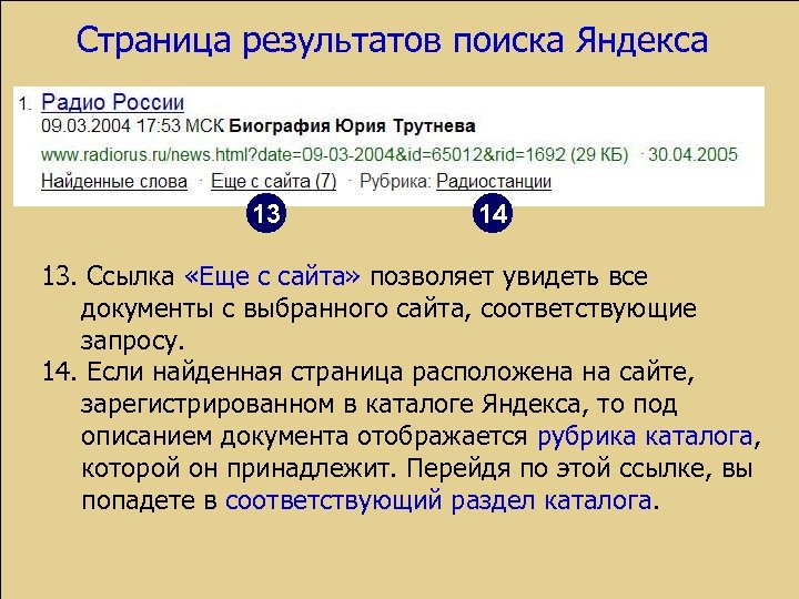 Страница результатов поиска Яндекса 13 14 13. Ссылка «Еще с сайта» позволяет увидеть все
