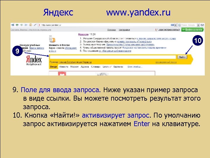 Яндекс www. yandex. ru 10 9 9. Поле для ввода запроса. Ниже указан пример