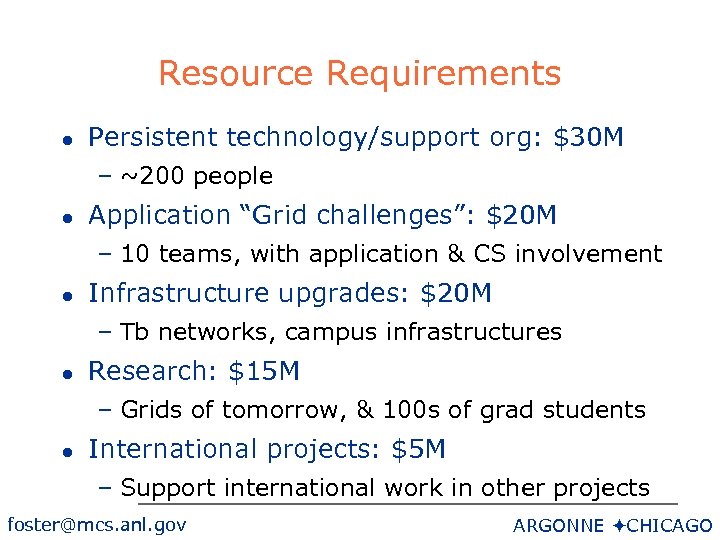 Resource Requirements l Persistent technology/support org: $30 M – ~200 people l Application “Grid