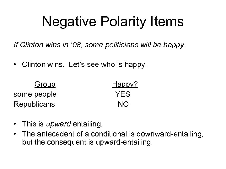 Negative Polarity Items If Clinton wins in ’ 08, some politicians will be happy.