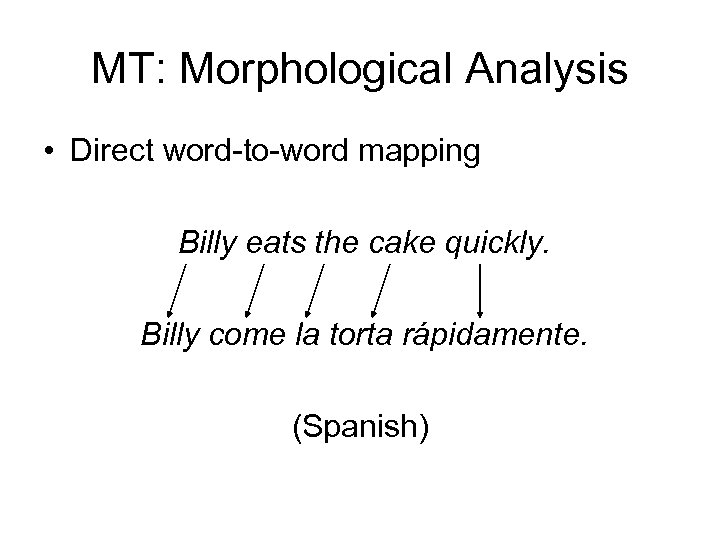 MT: Morphological Analysis • Direct word-to-word mapping Billy eats the cake quickly. Billy come