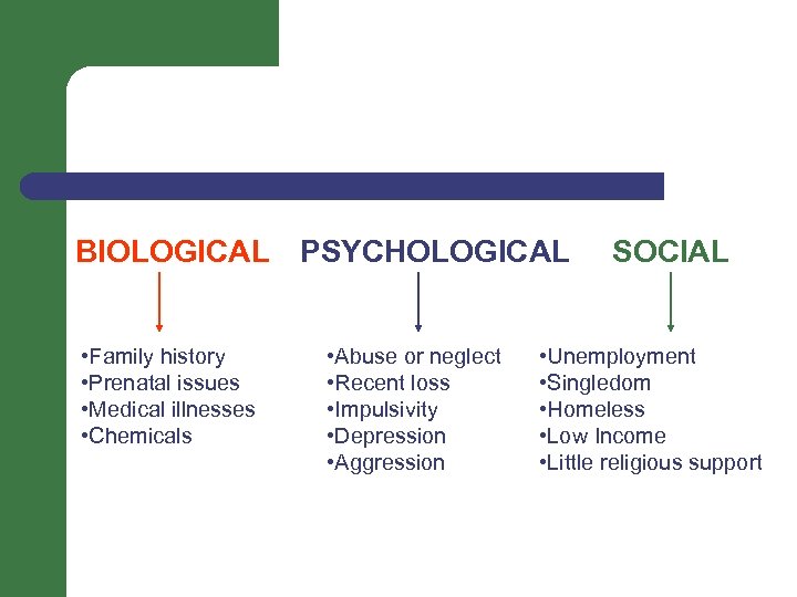 BIOLOGICAL PSYCHOLOGICAL • Family history • Prenatal issues • Medical illnesses • Chemicals •