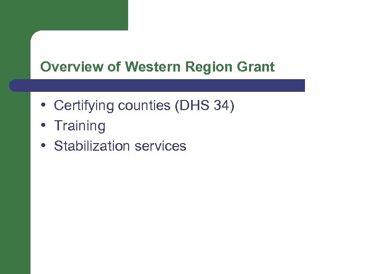 Overview of Western Region Grant • Certifying counties (DHS 34) • Training • Stabilization