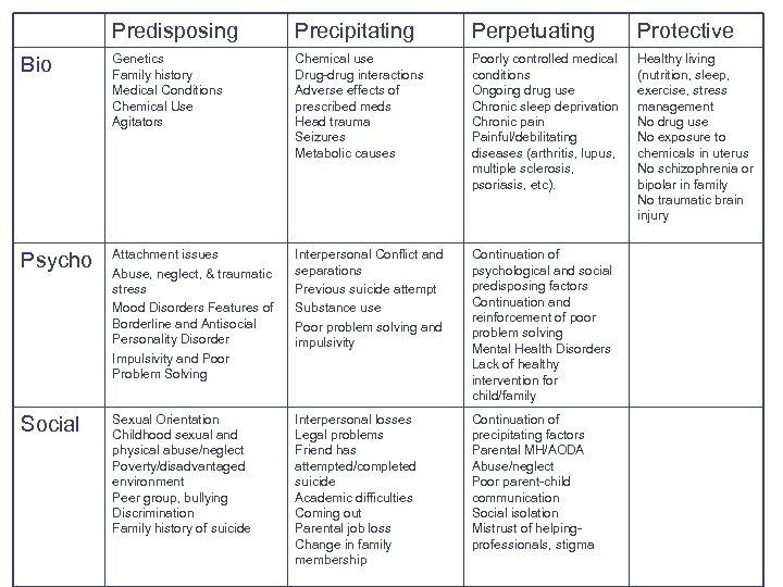 Predisposing Precipitating Perpetuating Protective Bio Genetics Family history Medical Conditions Chemical Use Agitators Chemical