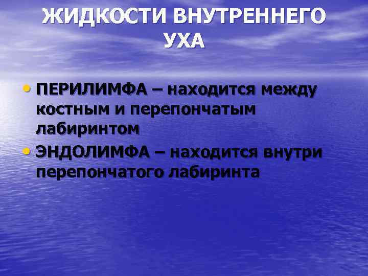 ЖИДКОСТИ ВНУТРЕННЕГО УХА • ПЕРИЛИМФА – находится между костным и перепончатым лабиринтом • ЭНДОЛИМФА