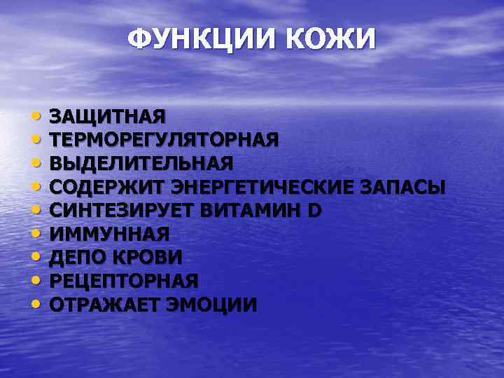 ФУНКЦИИ КОЖИ • ЗАЩИТНАЯ • ТЕРМОРЕГУЛЯТОРНАЯ • ВЫДЕЛИТЕЛЬНАЯ • СОДЕРЖИТ ЭНЕРГЕТИЧЕСКИЕ ЗАПАСЫ • СИНТЕЗИРУЕТ