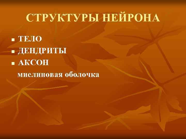 СТРУКТУРЫ НЕЙРОНА ТЕЛО n ДЕНДРИТЫ n АКСОН миелиновая оболочка n 