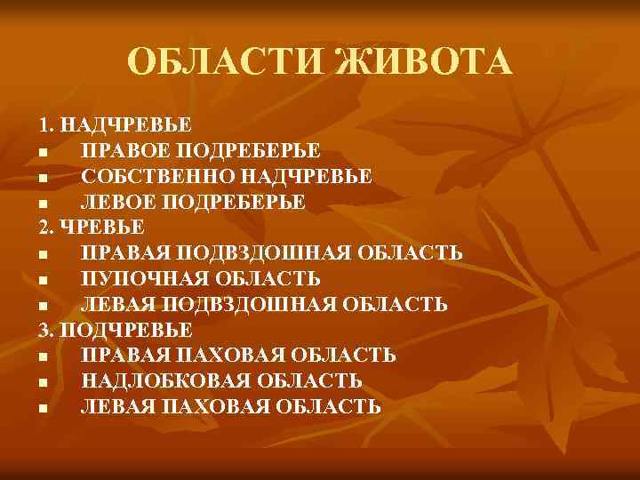 ОБЛАСТИ ЖИВОТА 1. НАДЧРЕВЬЕ n ПРАВОЕ ПОДРЕБЕРЬЕ n СОБСТВЕННО НАДЧРЕВЬЕ n ЛЕВОЕ ПОДРЕБЕРЬЕ 2.