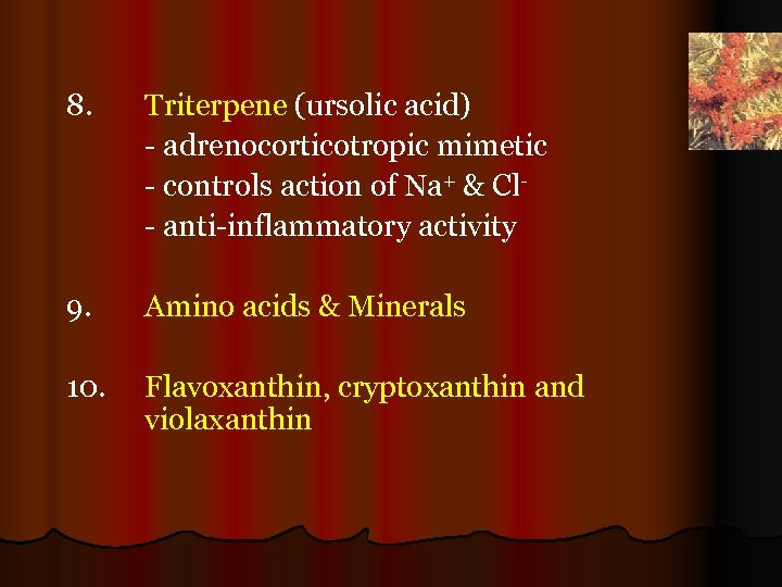 8. Triterpene (ursolic acid) - adrenocorticotropic mimetic - controls action of Na+ & Cl-