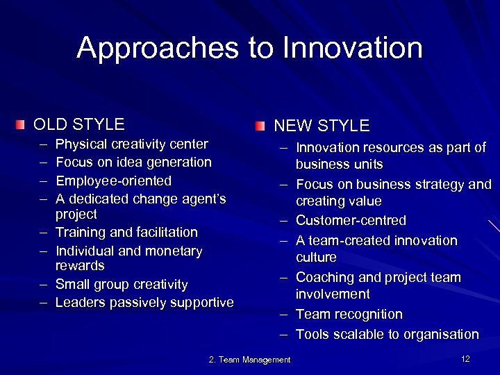 Approaches to Innovation OLD STYLE – – – – NEW STYLE Physical creativity center