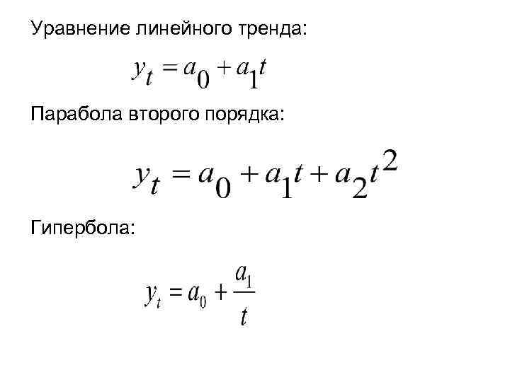 Уравнение линейного тренда: Парабола второго порядка: Гипербола: 