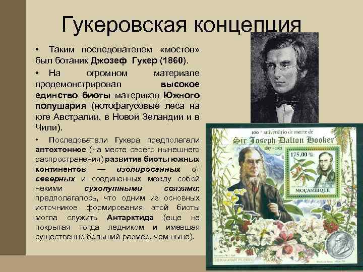 Гукеровская концепция • Таким последователем «мостов» был ботаник Джозеф Гукер (1860). • На огромном