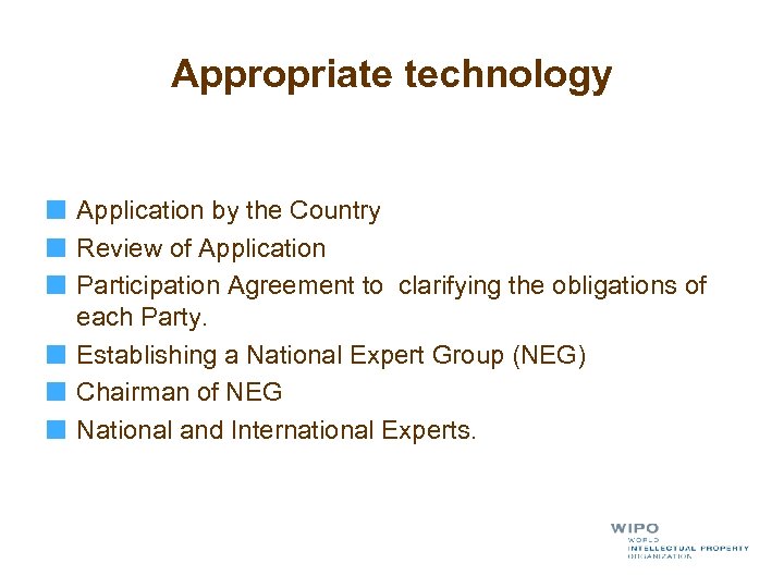 Appropriate technology Application by the Country Review of Application Participation Agreement to clarifying the