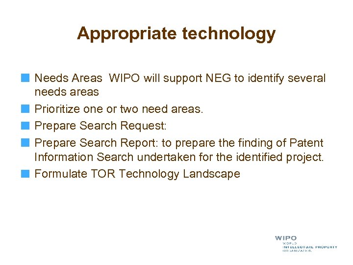 Appropriate technology Needs Areas WIPO will support NEG to identify several needs areas Prioritize