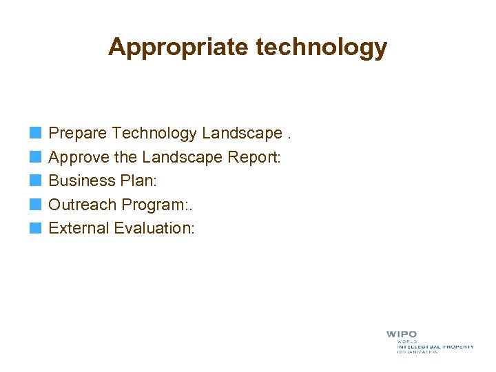 Appropriate technology Prepare Technology Landscape. Approve the Landscape Report: Business Plan: Outreach Program: .